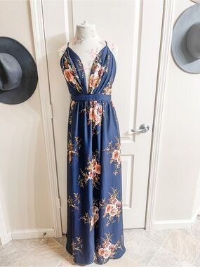 Navy Floral V-Neck Maxi Dress